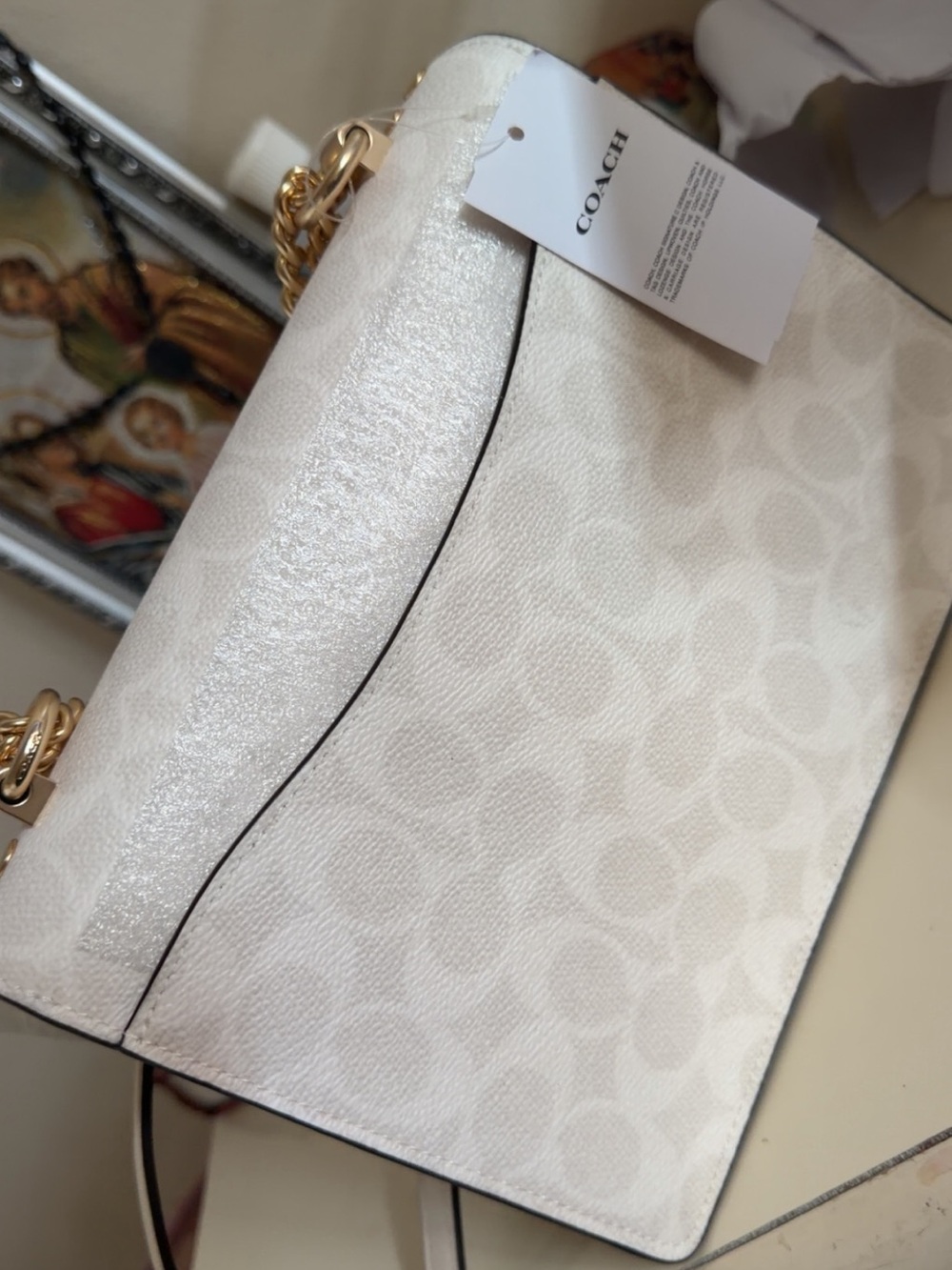 Coach Signature Canvas Shoulder Bag in Light Beige and White with Gold Chain - Picture 2 of 4